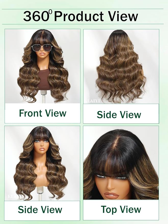 KLAIYI Ombre Brown Loose Body Wave Bye Bye Knots Glueless Precut 7x5 HD Lace Front Human Hair Bang Wig Drawstring Highlight Balayage Brown Pre Plucked Bleached 30S Ready to Wear and Go Wig 180% 18Inch