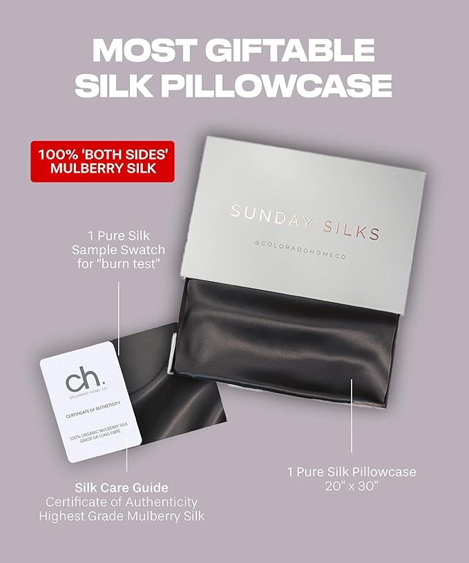 SUNDAYSILKS™ Premium Silk Pillow Cases | 100% Mulberry Silk Pillowcase with Zipper, All Sides Real 22 Momme Grade 6A Silk, Standard Queen, King Size [Midnight Black]