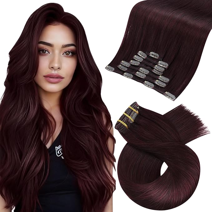 Moresoo Burgundy Clip in Hair Extensions Red Wine Real Hair Extensions Clip in Human Hair Double Weft Long Straight Wine Red #99J 7Pcs 120G 22inch