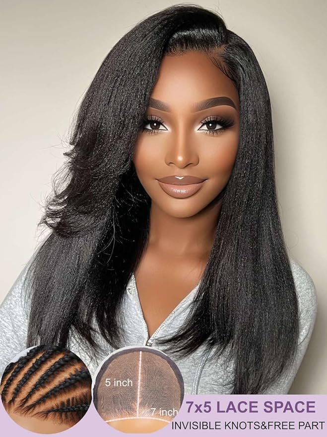 Yiroo Light Yaki Straight Wig Human Hair with Side Swept Bangs,7x5 Lace Front Bye Bye Knots Glueless Wig Human Hair Pre Plucked Pre Cut,Elastic Drawstring Wear and Go Wig for Women 150% Density 20Inch