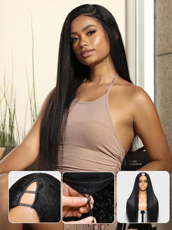 YIROO EasiContour V Part Wigs Human Hair Yaki Straight Human Hair Wigs No Leave Out Glueless Upgraded U Part Wigs for Women V Shape Clip in Vpart Wig No Sew in No Glue Beginner Friendly 16 inch