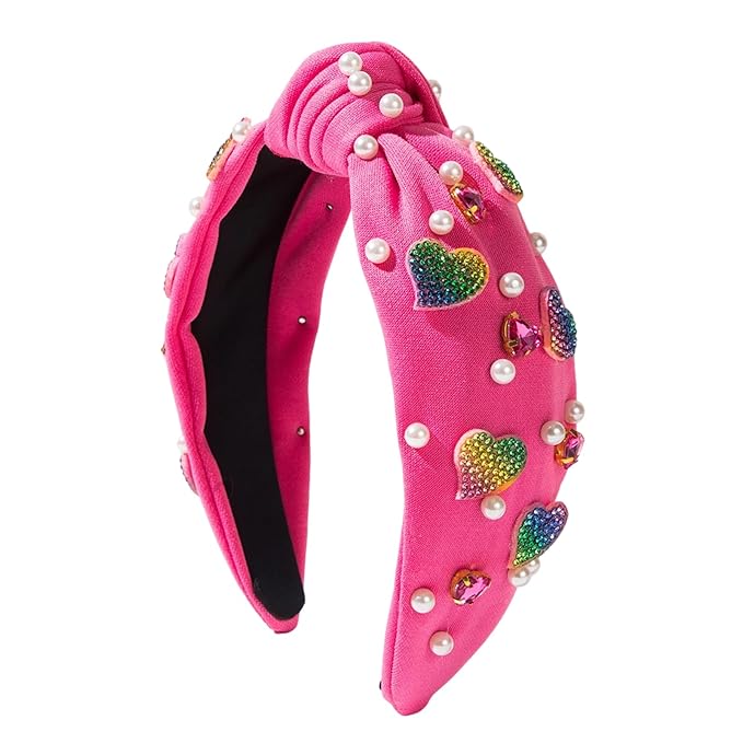 Valentines Day Elegant Pearl Headband, Hot Pink Rhinestone Hearts Design for Women Girls, Cute Wide Knotted Hair Band with Crystal Embellishments for Party Fashion Christmas New Year Hair Accessories