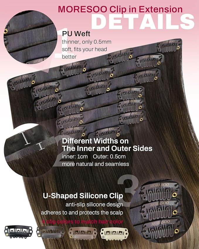 Moresoo Brown to Blonde Balayage Hair Extensions Seamless Clip in Hair Extensions Real Human Hair Dark Brown to Golden with Dark Honey Blonde Clip ins Human Hair for Women 135g/7pcs 18in