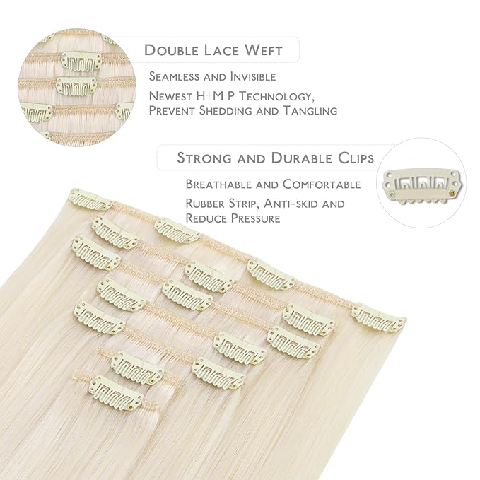 WENNALIFE Clip in Hair Extensions, 18 Inch 120g 7pcs Real Human Hair, White Blonde Remy Hair Extensions Clip Ins Double Weft
