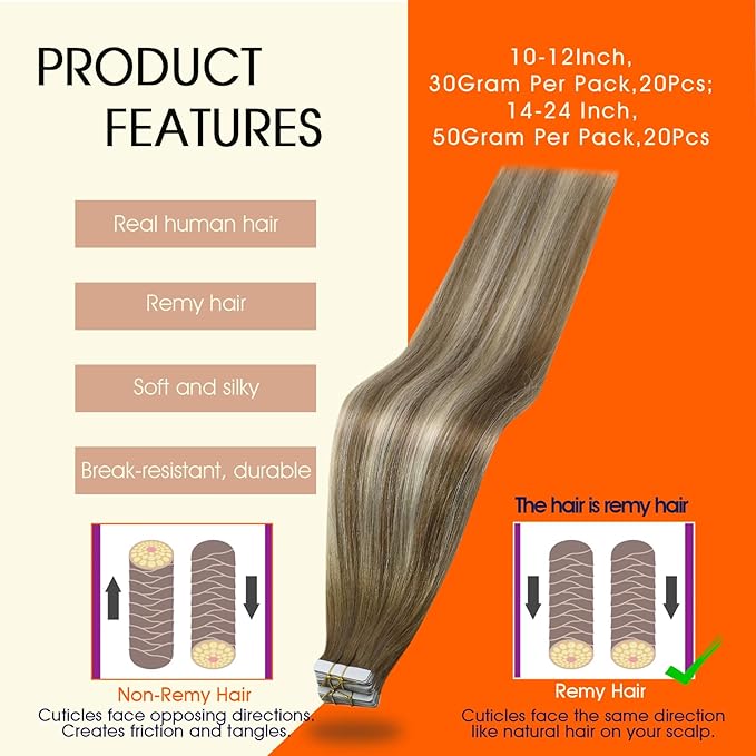 Full Shine Ombre Tape in Hair Extensions Human Hair 12Inch Seamless Tape in Extensions 6/60/6 Brown Ombre to Blonde Highlighted Light Blonde Double Sided Hair Extensions Remy Hair 30G 20pcs Natural