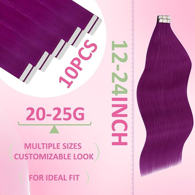 YoungSee Purple Tape in Human Hair Extensions 24 Inch Tape in Extensions Purple 10pcs Invisible Tapes in Hair-Extension Colorful 25g Diy Hair-Extension