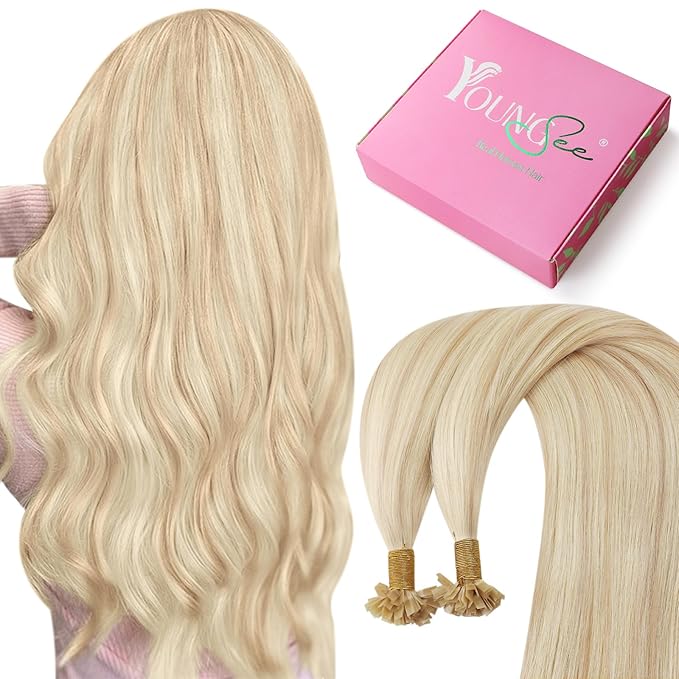 YoungSee K Tips Hair Extensions Human Hair Blonde 22inch Keratin Tip Extensions Ash Blonde Highlight Blonde K Tip Hair Extensions Remy Hot Fusion Keratin Hair Extensions for Volume 50g #18/613