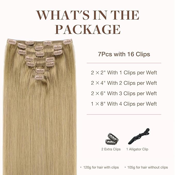 GOO GOO Clip in Hair Extensions Real Human Hair, Remy Human Hair Extensions Clip ins for Women, Natural Human Hair, 22inch 120g 7Pcs, 7 Bronde