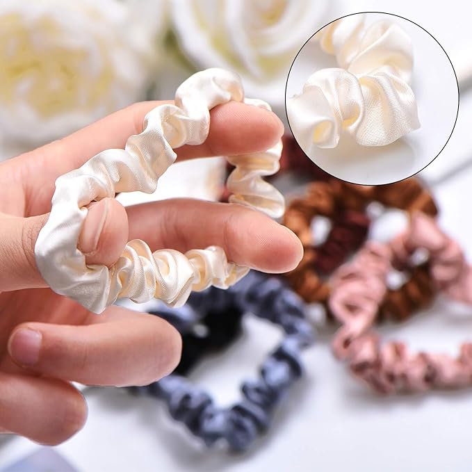 WILLBOND 30 Pcs Small Satin Silk Scrunchies Bulk for Women, Thin Hair Ties Mini Scrunchy Bands Skinny Ponytail Holders for Thick Curly Hair Pony Tails Wrist Decor(Colorful)