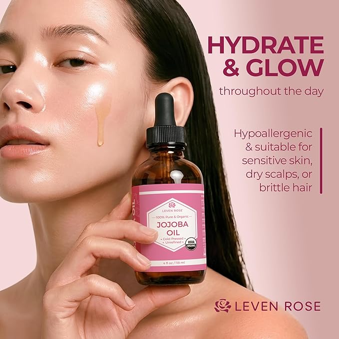Leven Rose Jojoba Oil Organic, Pure Cold Pressed Natural Unrefined Moisturizer for Skin Hair and Nails 4 oz