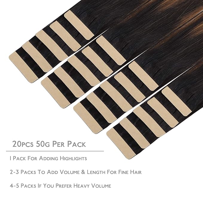 WENNALIFE Tape in Hair Extensions Human Hair, 20pcs 50g 24 inch Natural Black Mixed Chestnut Brown Remy Hair Extensions Straight Human Hair Tape in Extensions Straight Extensiones De Cabello Humano
