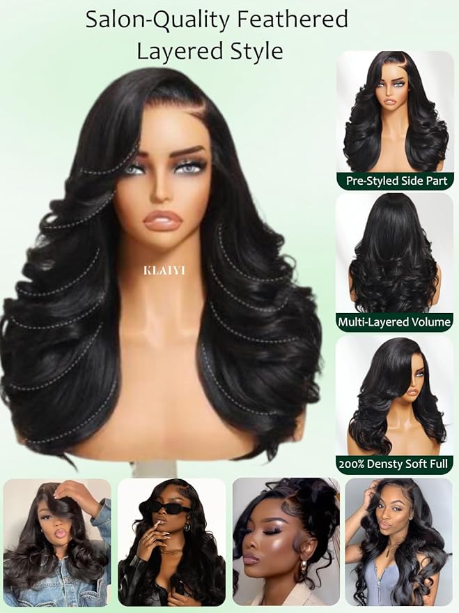 KLAIYI Bye Bye Slip™ Loose Body Wave Wig Layer Side Part 200% Density 7X5 Pre Cut Lace Front Wigs Human Hair Drawstring Glueless 30S Ready to Wear and Go Beginner Wig Pre Plucked Bleached Knots 22Inch