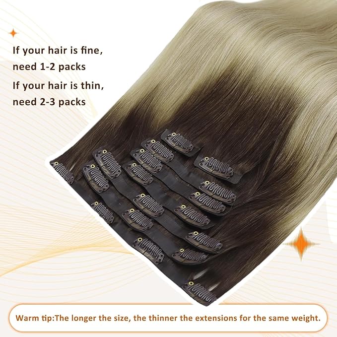 Full Shine Seamless Hair Extensions Clip in Dark Brown to Blonde Clip in Hair Extensions Real Human Hair 20 Inch Remy Hair for Women Full Head Softness 8 PCS 120 G