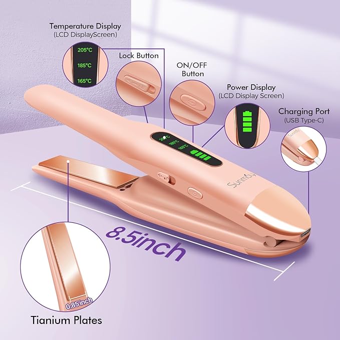 SUNMAY Cordless Hair Straightener, Titanium Portable Straightener for Travel, Dual Voltage Cordless Flat Iron Hair Straightener 2 in 1 with Comb & Clip for Women, Heat-up in Seconds, USB-C Fast Charge
