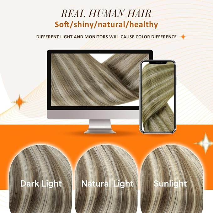 Full Shine Clip in Hair Extensions Real Human Hair Ash Brown with Platinum Blonde Highlights Seamless Clip in Extensions for Women 14 Inch 8 PCS 120 G