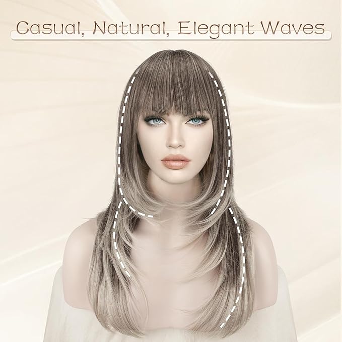 SOFEIYAN Long Straight Layered Wig with Bangs 24 Inch Synthetic Natural Hair Wig Soft Heat Resistant Long Wigs for Women Daily Party Use