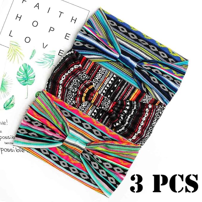 Boho Headbands Wide Knot Hair Band Elastic Turban Head Band Stretch Twist Head Wraps Fashion Hair Accessories for Women 3 Pcs (Set A)