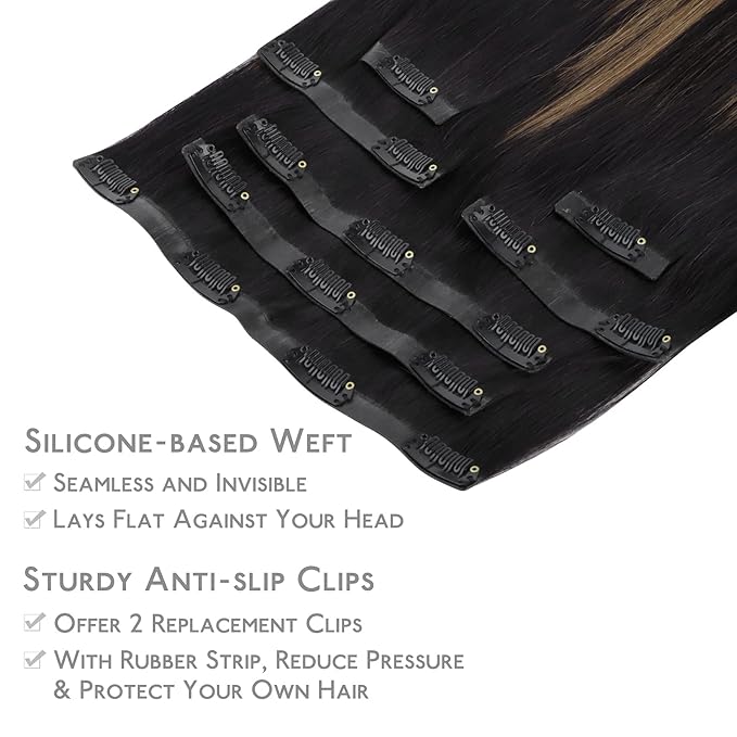WENNALIFE Seamless Clip In Hair Extensions Human Hair, 24 Inch 160g 7pcs Natural Black Mixed Chestnut Brown Hair Extensions Clip in Human Hair Invisible PU Skin Weft Natural Remy Human Hair Extensions