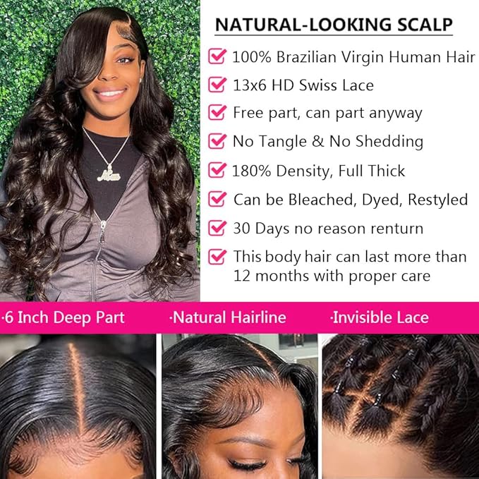 30 Inch Body Wave Lace Front Wigs Human Hair 13X6 HD Lace Frontal Wigs Human Hair 180% Density Glueless Wigs Human Hair Pre Plucked for Women Brazilian Virgin Body Wave Wig Natural Color