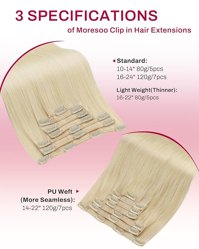 Moresoo Golden Platinum Blonde Human Hair Clip in Extensions Blonde Real Hair Extensions Clip in Human Hair Blond to Add Length for Women 80g/5pcss 22 inch
