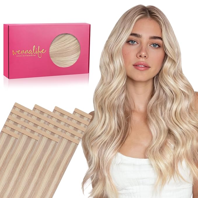 WENNALIFE Tape in Hair Extensions Human Hair, 20pcs 50g 14 inch Balayage Light Wheat Platinum Blonde Remy Hair Extensions Straight Human Hair Tape in Extensions Skin Weft Tape Extensions Human Hair