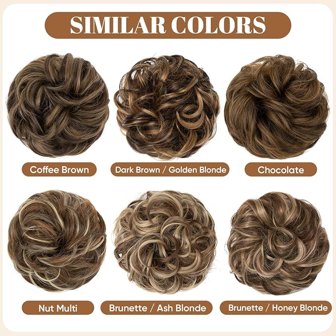 CJL HAIR Large Messy Bun Hair Piece Wavy Curly Scrunchies Synthetic Chignon Ponytail Hair Extensions Thick Updo Hairpieces for Women Nut Multi