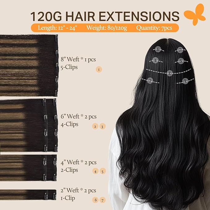DOORES Human Hair Extensions Clip in Remy Black to Light Brown Balayage Clip in Hair Extensions Straight Natural Hair Extensions 7pcs 120g 18 Inch