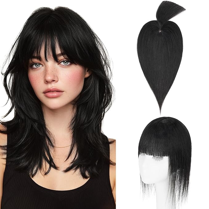 Hairro Mono Hair Toppers with Bangs, 3.4" x 3.4" Mono Base 100% Real Human Hairpieces for Women, 150% Density Clips In Topper for Greyish Thinning Hair, 12 Inch Jet Black