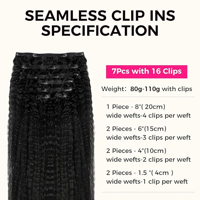 Lashey Seamless Clip in Hair Extensions Human Hair #1 Jet Black Kinky Straight Clip in Hair Extensions Real Human Hair 7pcs 110g 24 Inch PU Weft Natural Hair Extension for Women
