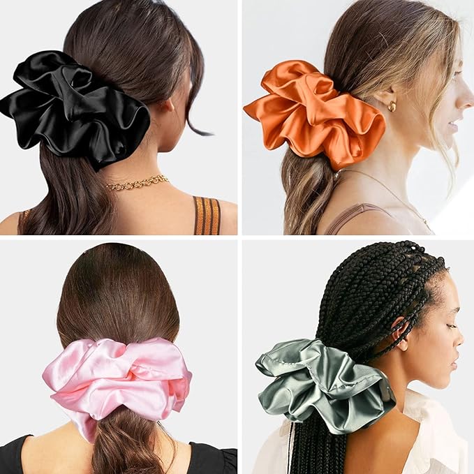 9.5 inch Silk Scrunchies Oversized Scrunchie Jumbo Scrunchies Giant Silk Scrunchie Extra Large Satin Thick Elastic Fluffy Hair Ties for Women and Girls 3 Pack (Black)