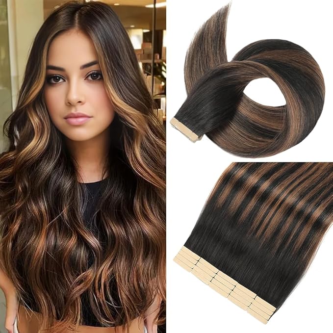 Tape in Hair Extensions Human Hair Balayage Natural Black Mixed Chestnut Brown Hair Extensions 18 Inch 20pcs Remy Straight Human Hair Tape in Extensions Skin Weft Tape Extensions Human Hair