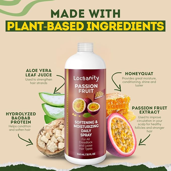 Locsanity Daily Moisturizing Spray for Dull, Dry Locs - Jumbo Size Passion Fruit Hair and Scalp Moisturizer for Dreadlocks, Sisterlocks, Microlocks, Braids to Control Oil and Frizz Passionfruit