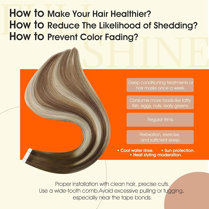Full Shine Tape in Hair Extensions Real Human Hair Remy Hair Extensions Tape ins Balayage Color 4/27/60/8 Brown And Blonde Tape Hair Extension 14Inch Seamless Invisible Straight Hair 50G 20Pcs