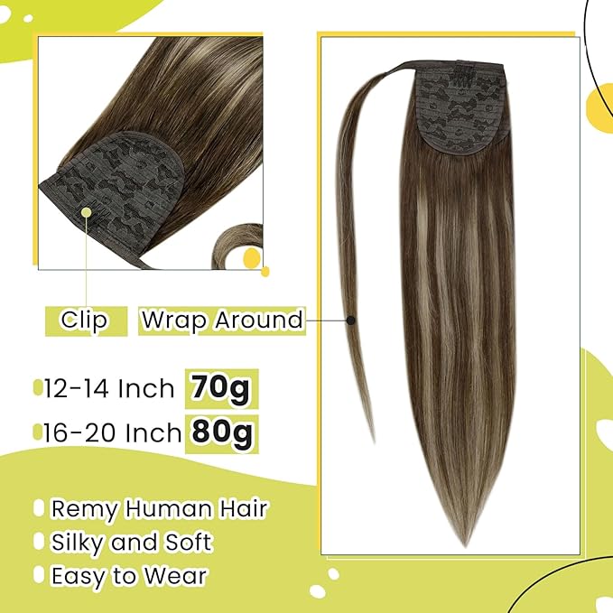 RUNATURE Ombre Ponytail Extension Human Hair Short Ponytail Human Hair Extensions with Magic Paste Ombre Brown to Caramel Blonde with Medium Brown Straight Real Hair Ponytail Extension 12 Inch 70g