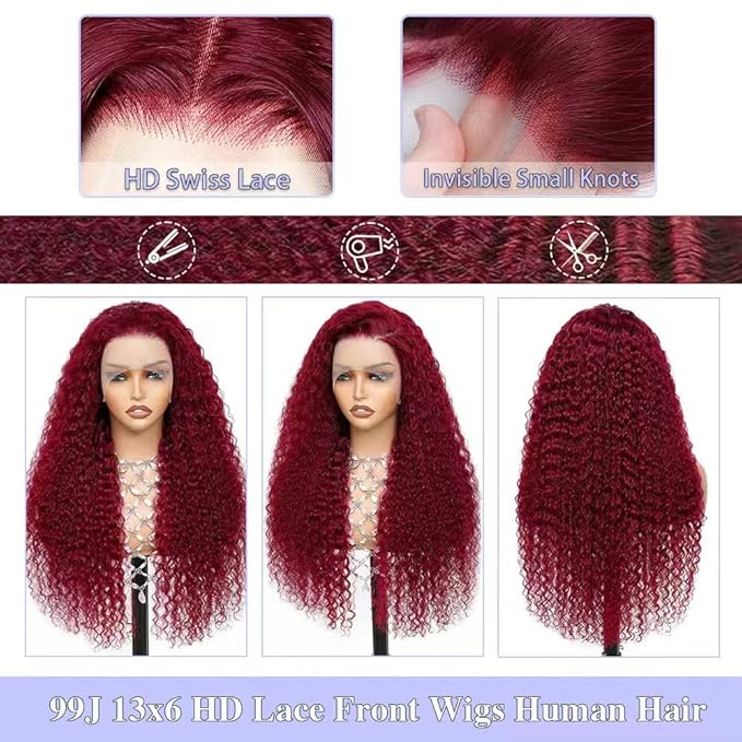 32 Inch Burgundy Wig Human Hair 13x6 Deep Wave HD Lace Front Wigs Human Hair 200 Density 99j Burgundy Lace Front Wigs Pre Plucked Red Colored Curly Wig with Baby Hair