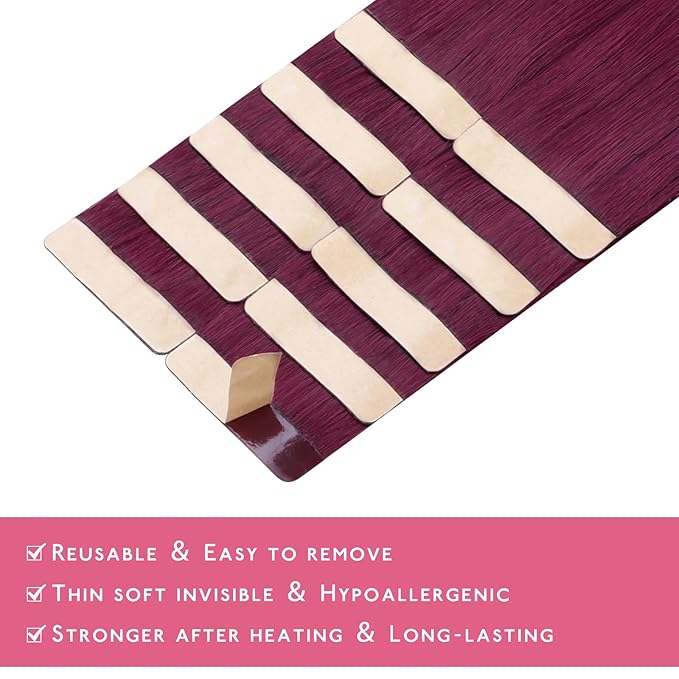 WENNALIFE Tape in Hair Extensions Human Hair Light Burgundy Tape in Extensions, 10pcs 30g 24 inch Remy Invisible Tape Ins Straight Colored Soft Real Human Hair Tape in Extensions Refill Set Extensions