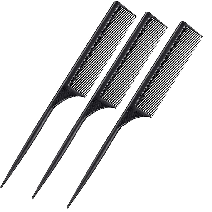 Leinuosen 3 Pack Rat Tail Combs Fine Tooth Parting Tip for Women Carbon Fiber Heat Resistant Anti Static Teasing for Back Combing Root Teasing Adding Volume Evening Styling(Black)