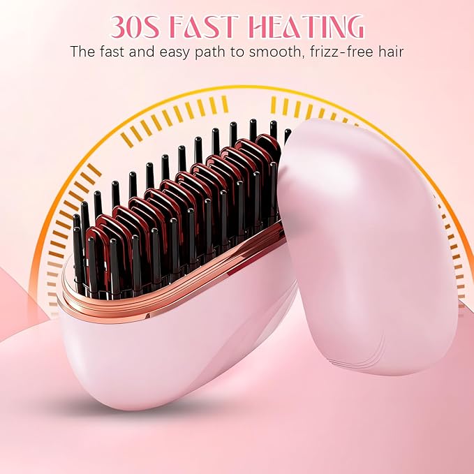 Mini Hair Straightener, Rechargeable Wireless Portable Hair Straightener Brush, 3-Speed Temperature Control, Anti Scald Shell, Lightweight & Portable for Travel (Pink)