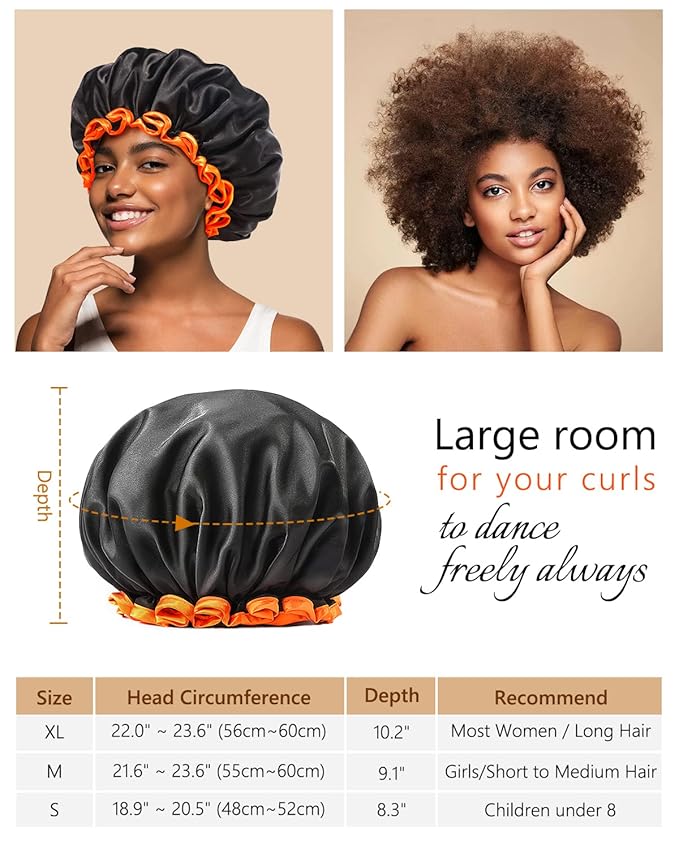 mikimini Small Black Shower Caps for Kids, Double Layers Waterproof Bathing Hair Cap with Reusable Soft Comfortable PEVA Lining, Cute, Non-fading & Stretchy Shower Hat Small Pack of 1, Black + Orange