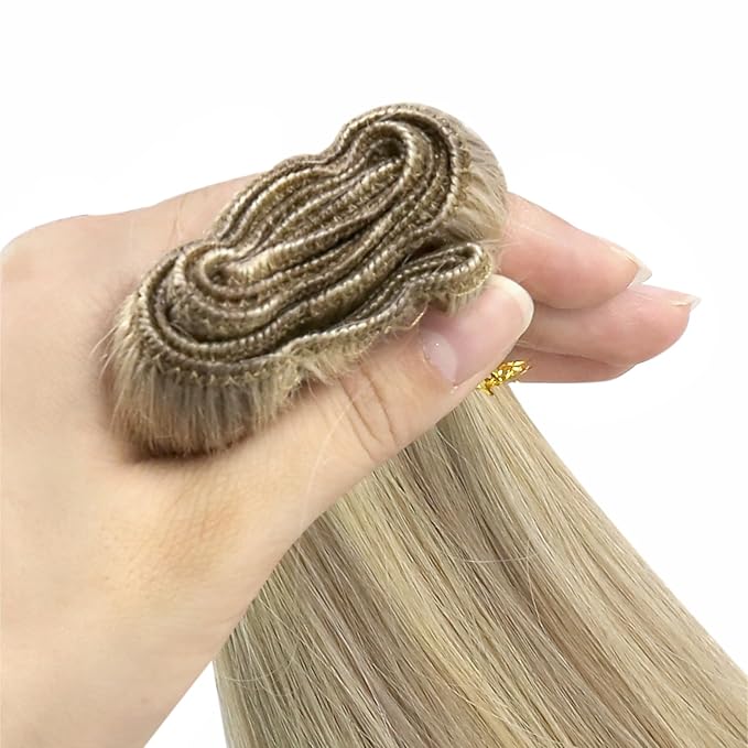 YoungSee 100G Weft Hair Extensions Human Hair Short Hair Weft Extensions Golden Blonde Highlighted Light Blonde Sew in Hair Extensions Real Human Hair for Short Hair 14Inch