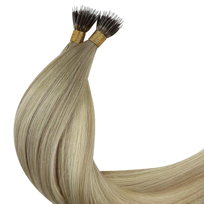 YoungSee Nano Ring Hair Extensions Human Hair Ombre Blonde Nano Extensions Human Hair Balayage Ash Blonde Ombre Platinum Blond Nanobead Hair Extension Ombre 16Inch 1g/s 50G 50S