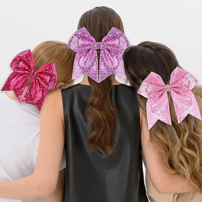 Large Glitter Cheer Bows Clips, Jumbo Big 7 Inch Cheerleading Sequin Hair Bow Hair Accessories for Teens Girls Football Sports Cheerleader Outfit Uniform (Pink)