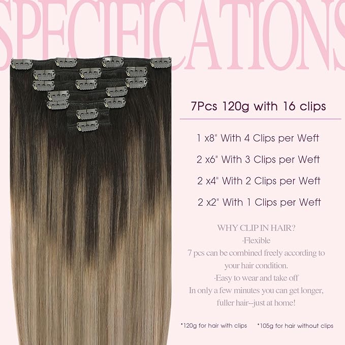 PINKPEARL Clip in Hair Extensions Real Human Hair #2/6/18 Balayage Dark Brown to Chestnut Brown and Ash Blonde 7pcs 120g 14inch Ombre Remy Human Hair Extensios Clip ins(#2/6/18-14)