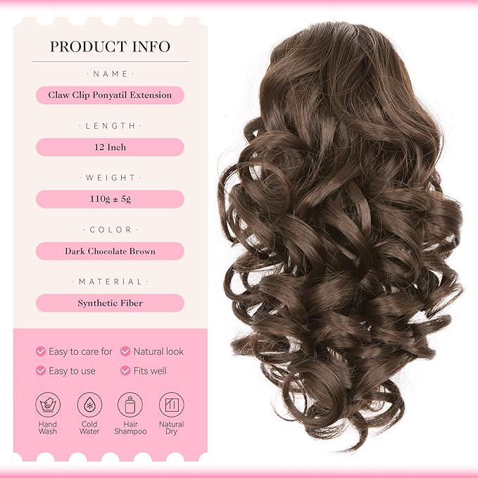 Clip on Ponytails for Women - 12 Inch Curly Ponytail Extension, Wavy Pony Tails Hair Extensions, Synthetic Hair Extensions Ponytail, Natural Hair Pieces for Women (Color: Dark Chocolate Brown)