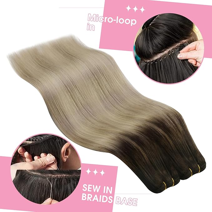YoungSee 24Inch Weft Hair Extensions Human Hair Brown Roots to Gold Blonde Mix Platinum Blonde Sew in Hair Extensions Ombre Blonde Long Straight Hair Weft Extensions 100G