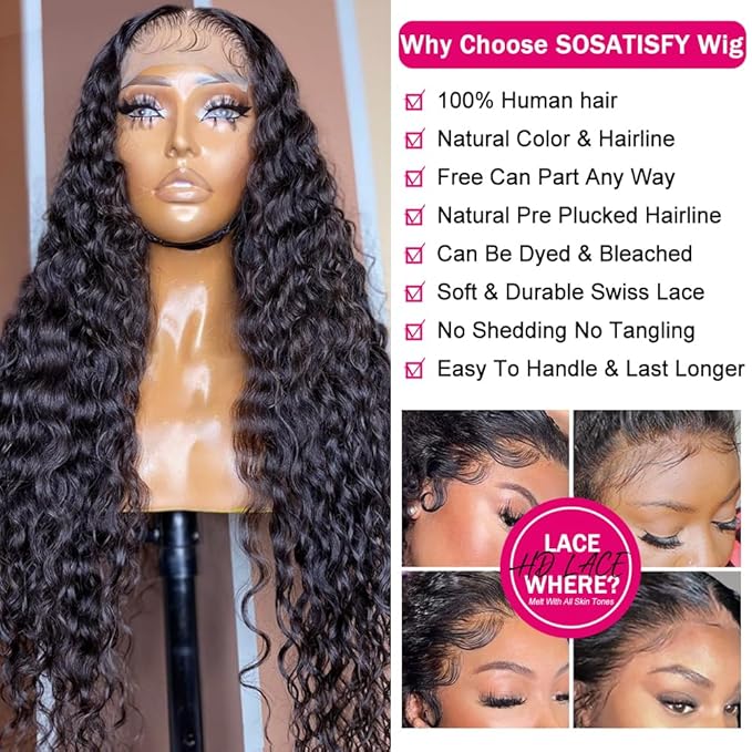 SOSATISFY Deep Wave Lace Front Wigs Human Hair 4x4 HD Transparent Lace Closure Wigs Glueless 180% Density Human Wigs for Black Women Pre Plucked with Baby Hair (24 inch)