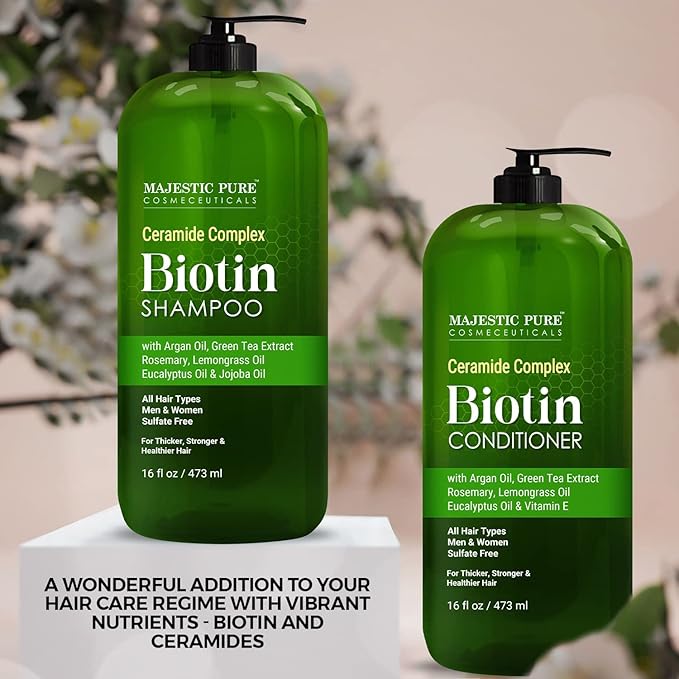 MAJESTIC PURE Biotin Shampoo and Conditioner Set - With Essential Oils & Ceramides - Helps Hair Growth, Thickening, Dry & Colored Hair - Sulfate Free - For All Hair Types - Men & Women - 16 fl oz each