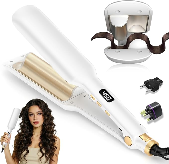 Curling Iron Hair Crimper Waver, 1/2 Inch Beach Waves Curling Wands, Ceramic 2 Barrels Deep Waver, Dual Voltage Hair Culer Tools with EU/UK Plug Adapter, 12 Temps, 30S Fast Heat up, Auto-Off (White)
