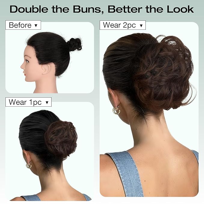 Messy Bun Hair Piece Wavy Curly Scrunchies Fluffy Donut Thick Updo Elegant Chignon Hairpieces for Women Girls, Light Chestnut Brown 1.4oz