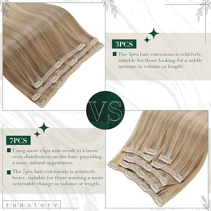 RUNATURE Clip in Hair Extensions Real Human Hair, Short Hair Extensions Clip Ins, Remy Human Hair for Women Double Weft 10 Inch 50g 3pcs #16P22 Dark Ash Blonde Highlight Light Blonde